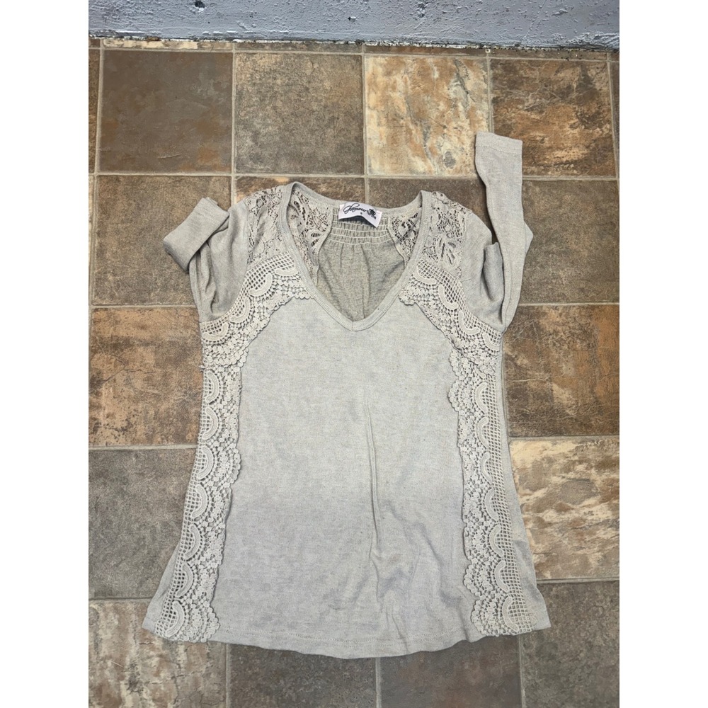 Glamour Farms Womens Oatmeal Beige Crochet Lace Trim V-Neck Long Sleeve Top S